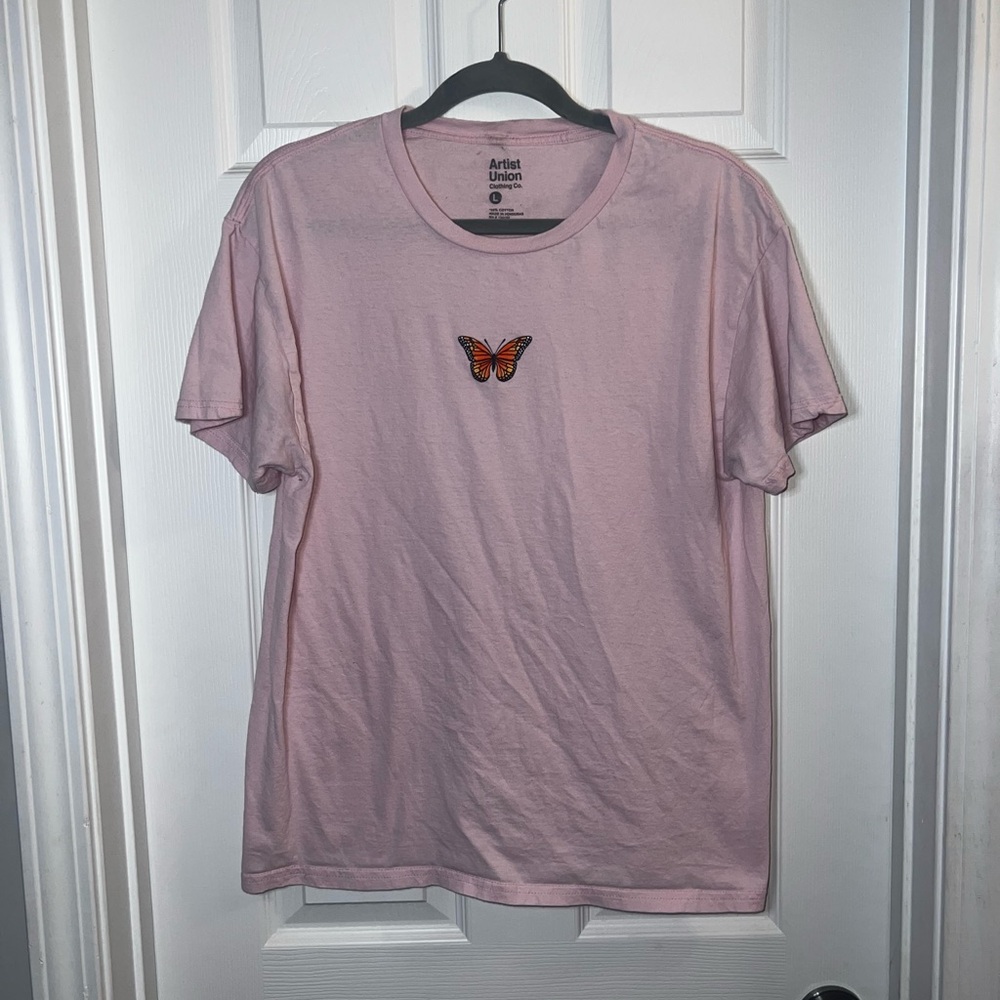 Artist Union Clothing Co. Pink Tee with Butterfly Graphic